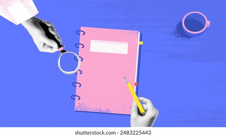 Vector collage banner with halftone hands with a pen and a magnifying glass and a folder. Pop art trendy styles with bold colors and textures. Top view on the grunge wooden table and coffee cup. 