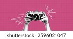 Vector collage banner. With the hands of the photographer who holds the banner. Social Media. Halftone style. Smm funnel to attract followers and likes on IG. Purple and pink colors.