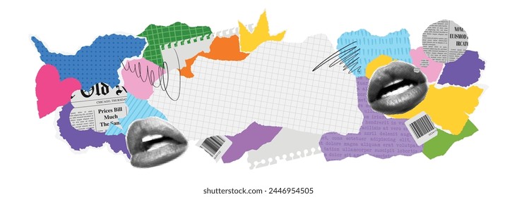 Vector collage banner. Modern trendy retro style. Torn newspaper, rip notebook sheets, scribble, craft notepaper, mouth, magazine speech bubbles