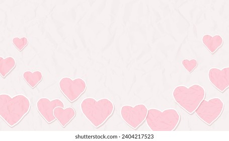 Vector collage banner with space for inscription. Hearts cut out of crumpled paper on soft pink background. Template for Happy Valentine's, Women's, Mother's day