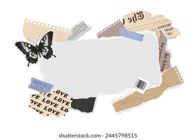 Vector collage banner of torn paper and old icons. Modern trendy retro styleTorn newspaper, retro flower, butterfly stamp, rip notebook sheets, handwriting quotes, craft notepaper, old grunge paper