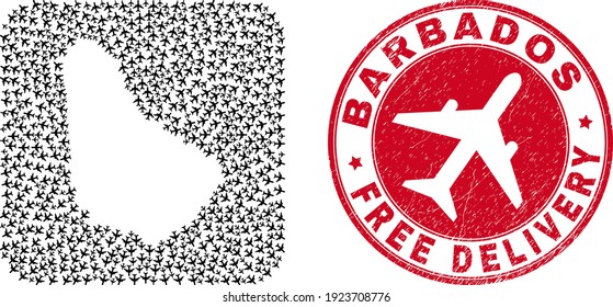 Vector collage Barbados map of aviation items and grunge Free Delivery seal stamp. Collage geographic Barbados map constructed as subtraction from rounded square using moving out airplanes.