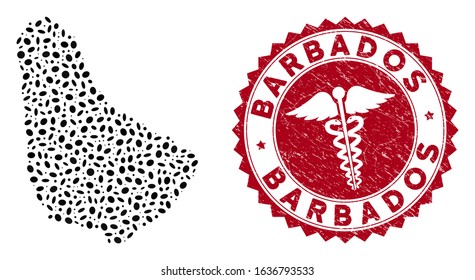 Vector collage Barbados map and red rounded rubber stamp seal with caduceus sign. Barbados map collage created with oval elements. Red round healthcare seal stamp, with dirty texture.