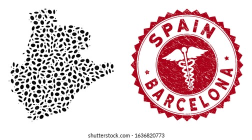 Vector collage Barcelona Province map and red round grunge stamp seal with medical icon. Barcelona Province map collage constructed with oval items. Red round medic seal stamp, with dirty texture.