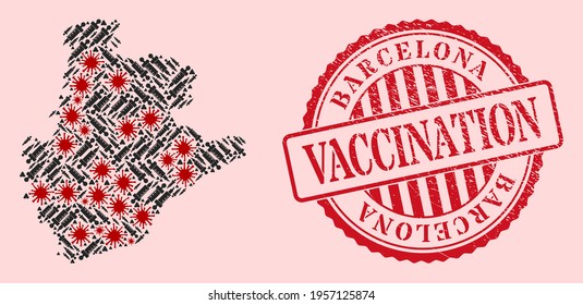 Vector collage Barcelona Province map of SARS virus, vaccination icons, and red grunge vaccination stamp. Virus items and vaccine needles inside Barcelona Province map.