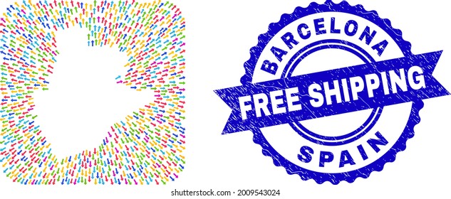 Vector collage Barcelona Province map of pointing arrows and grunge Free Shipping seal stamp. Collage Barcelona Province map created as carved shape from rounded square shape with pointer arrows.