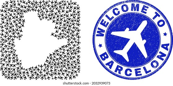Vector collage Barcelona Province map of airliner elements and grunge Welcome seal. Mosaic geographic Barcelona Province map designed as hole from rounded square with aeroplanes.