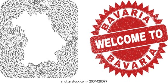Vector collage Bavaria Land map of delivery arrows and scratched Welcome seal stamp. Collage geographic Bavaria Land map designed as carved shape from rounded square shape with arrows.