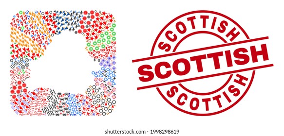 Vector collage Belarus map of different symbols and Scottish seal stamp. Mosaic Belarus map created as hole from rounded square. Red round seal with Scottish word.