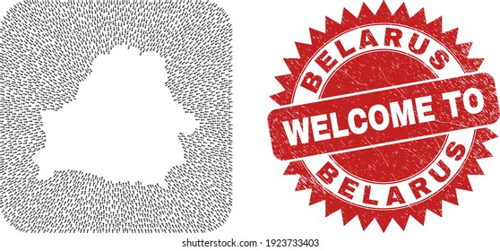 Vector collage Belarus map of straight arrows and rubber Welcome seal stamp. Collage geographic Belarus map designed as carved shape from rounded square shape using directional straight arrows.