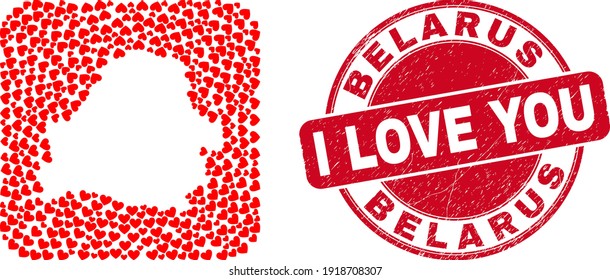 Vector collage Belarus map of valentine heart items and grunge love seal. Collage geographic Belarus map created as stencil from rounded square shape with valentine hearts.