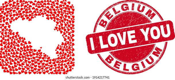 Vector collage Belgium map of lovely heart items and grunge love stamp. Mosaic geographic Belgium map created as subtraction from rounded square shape using lovely hearts.