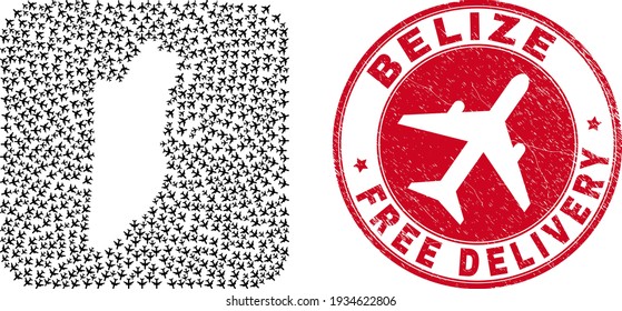 Vector collage Belize map of air plane items and grunge Free Delivery stamp. Mosaic geographic Belize map constructed as hole from rounded square shape using flying out airplanes.