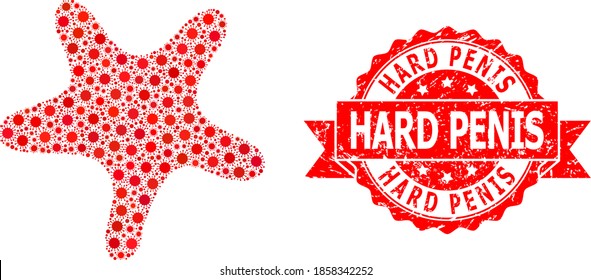 Vector collage bent star of corona virus, and Hard Penis rubber ribbon stamp seal. Virus elements inside bent star mosaic. Red stamp seal contains Hard Penis title inside ribbon.