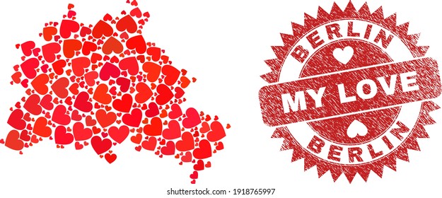 Vector collage Berlin City map of lovely heart elements and grunge My Love badge. Collage geographic Berlin City map created with valentine hearts.