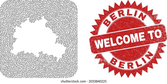 Vector collage Berlin City map of migration arrows and rubber Welcome stamp. Collage geographic Berlin City map constructed as subtraction from rounded square with motion arrows.