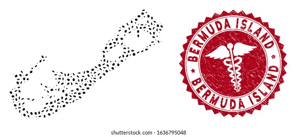 Vector collage Bermuda Island map and red rounded grunge stamp watermark with doctor icon. Bermuda Island map collage formed with oval spots. Red rounded medic seal stamp, with grunge texture.