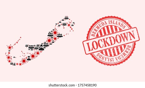 Vector collage Bermuda Islands map of covid-2019 virus, masked people and red grunge lockdown seal stamp. Virus cells and men in masks inside Bermuda Islands map.