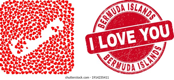 Vector collage Bermuda Islands map of love heart elements and grunge love stamp. Collage geographic Bermuda Islands map constructed as hole from rounded square with lovely hearts.