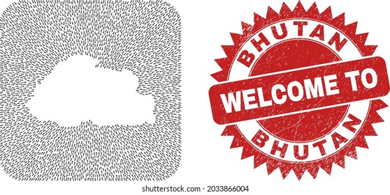 Vector collage Bhutan map of immigration arrows and rubber Welcome seal stamp. Collage geographic Bhutan map designed as carved shape from rounded square shape with motion arrows.