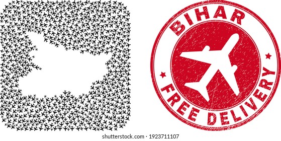 Vector collage Bihar State map of aviation items and grunge Free Delivery stamp. Collage geographic Bihar State map created as stencil from rounded square shape with flying away aviation items.
