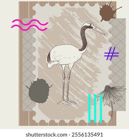 vector collage with bird and neon color elements,, creative composition with sketch of crane