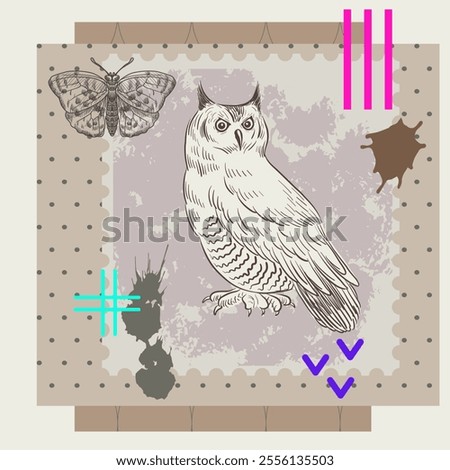 vector collage with bird and neon color elements,, creative composition with sketch of owl and butterfly