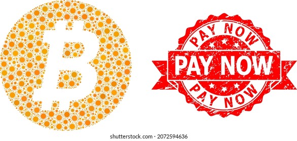 Vector collage bitcoin coin of covid-2019 virus, and Pay Now scratched ribbon stamp. Virus particles inside bitcoin coin collage. Red stamp has Pay Now tag inside ribbon.