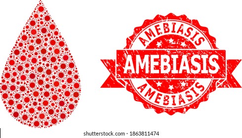Vector collage blood drop of flu virus, and Amebiasis corroded ribbon seal. Virus items inside blood drop composition. Red stamp seal includes Amebiasis caption inside ribbon.