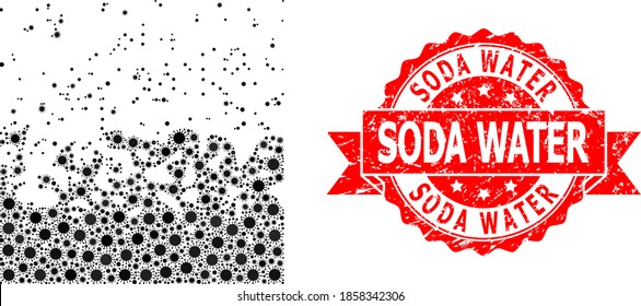 Líquido hirviendo de colector vectorial del virus covid-2019 y sello de cinta sucia de agua de soda. Partículas de virus dentro del collage de líquidos hirviendo. El sello rojo incluye el pie de foto de Soda Water dentro de la cinta.