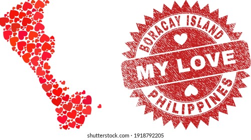 Collage vectorial de la isla Boracay mapa de los adorables elementos del corazón y grunge la placa de mi amor. Mapa geográfico mosaico de la isla Boracay diseñado con encantadores corazones.