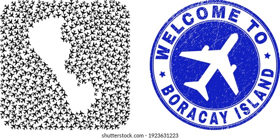 Collage vectorial de la isla Boracay mapa de elementos aero y estampado de bienvenida grunge. Mapa geográfico mosaico de la isla de Boracay creado como sustracción de cuadrado redondeado usando transbordos aéreos.