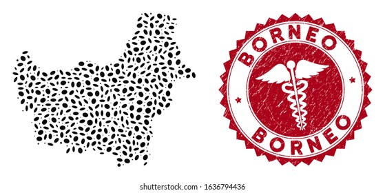 Vector collage Borneo map and red round rubber stamp seal with medicine icon. Borneo map collage created with ellipse elements. Red round health care seal stamp, with unclean texture.