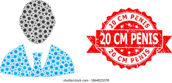 Colector vectorial del virus y sello de cinta texturada de 20 Cm Penis. Elementos de virus dentro del collage de patrones. El sello rojo tiene una leyenda de 20 Cm Penis dentro de la cinta.