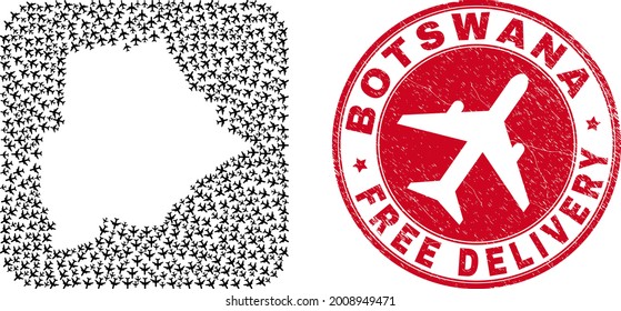 Vector collage Botswana map of air force items and grunge Free Delivery seal. Mosaic geographic Botswana map constructed as carved shape from rounded square with flying away airplanes.