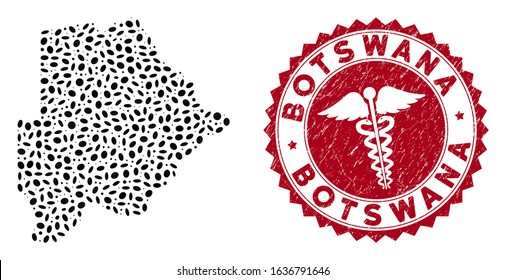 Vector collage Botswana map and red rounded grunge stamp seal with healthcare sign. Botswana map collage designed with elliptic spots. Red rounded medicine seal stamp, with distress texture.