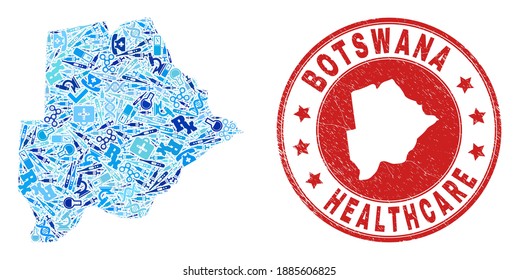 Vector collage Botswana map of syringe icons, medicine symbols, and grunge health care seal. Red round seal with distress rubber texture and Botswana map tag and map.