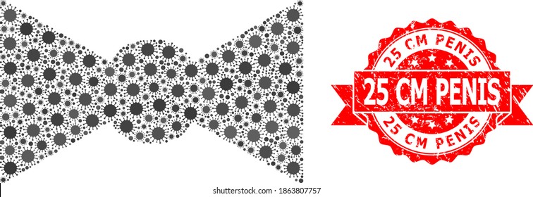 Vector collage bow tie of corona virus, and 25 Cm Penis rubber ribbon stamp seal. Virus items inside bow tie collage. Red stamp includes 25 Cm Penis tag inside ribbon.