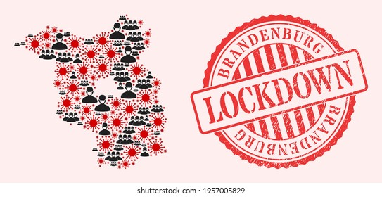 Vector collage Brandenburg Land map of covid-2019 virus, masked men and red grunge lockdown seal. Virus particles and men in masks inside Brandenburg Land map.