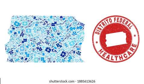 Vector collage Brazil Distrito Federal map with syringe icons, analysis symbols, and grunge health care seal. Red round stamp with grunge rubber texture and Brazil Distrito Federal map word and map.