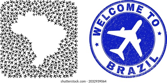 Vector collage Brazil map of airport items and grunge Welcome badge. Collage geographic Brazil map constructed as hole from rounded square shape with air transport.