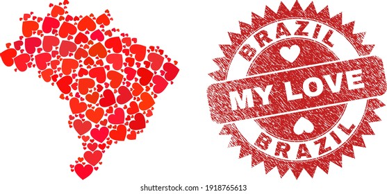 Vector collage Brazil map of love heart items and grunge My Love badge. Collage geographic Brazil map designed with lovely hearts. Red rosette seal with corroded rubber texture and my love tag.