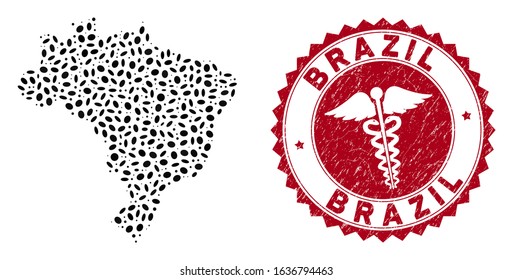 Vector collage Brazil map and red rounded rubber stamp watermark with healthcare symbol. Brazil map collage designed with elliptic spots. Red rounded medical seal stamp, with dirty texture.