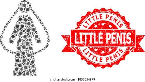 La novia del colage vectorial del virus de la corona y la imitación del sello de la cinta rasgada de Little Penis. Elementos de virus dentro del collage de novias. El sello rojo contiene texto de Little Penis dentro de la cinta.