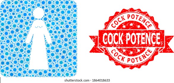 Vektorgrafik-Sammlerbride aus Corona-Virus und Cock-Potenzial korrodierte Bandstempel-Robbe. Viruspartikel in der Brautkollage. Rote Stempel Siegel hat Cock Potence Titel in Band.