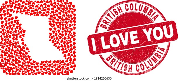 Vektorgrafik britischer Kolumbien-Karte von Liebesartikeln und Grunge-Liebesrobbe. Collage geographische British Columbia Karte als Loch aus abgerundeten quadratischen Form mit Liebe Herzen erstellt.