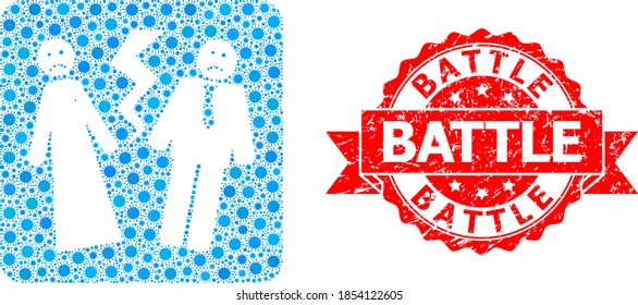 Vector collage broken wedding of covid-2019 virus, and Battle dirty ribbon seal imitation. Virus cells inside broken wedding collage. Red stamp contains Battle tag inside ribbon.