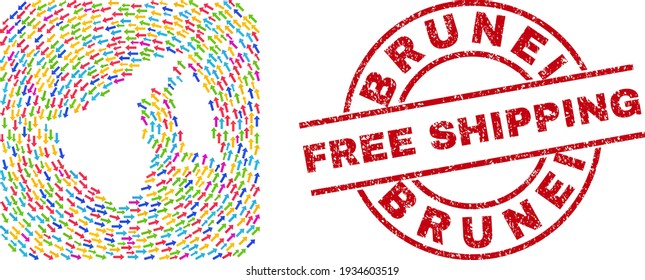 Vector collage Brunei map of swirl arrows and rubber Free Shipping seal. Collage geographic Brunei map created with colorful pointer arrows near rounded square hole.
