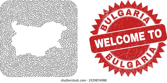 Vector collage Bulgaria map of direction arrows and scratched Welcome badge. Collage geographic Bulgaria map constructed as hole from rounded square shape with moving arrows.