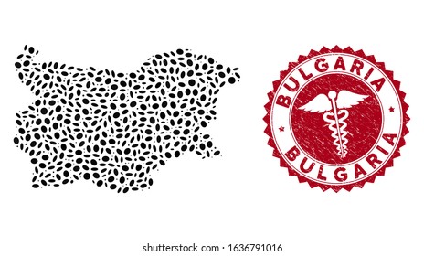 Vector collage Bulgaria map and red rounded corroded stamp seal with healthcare symbol. Bulgaria map collage constructed with oval spots. Red rounded medic seal stamp, with scratched texture.